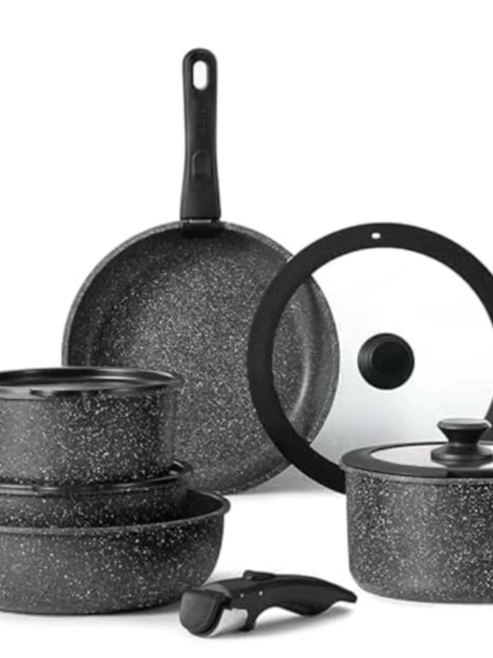 CAROTE 11pcs Nonstick Cookware Set With Detachable Handle, Jet Black